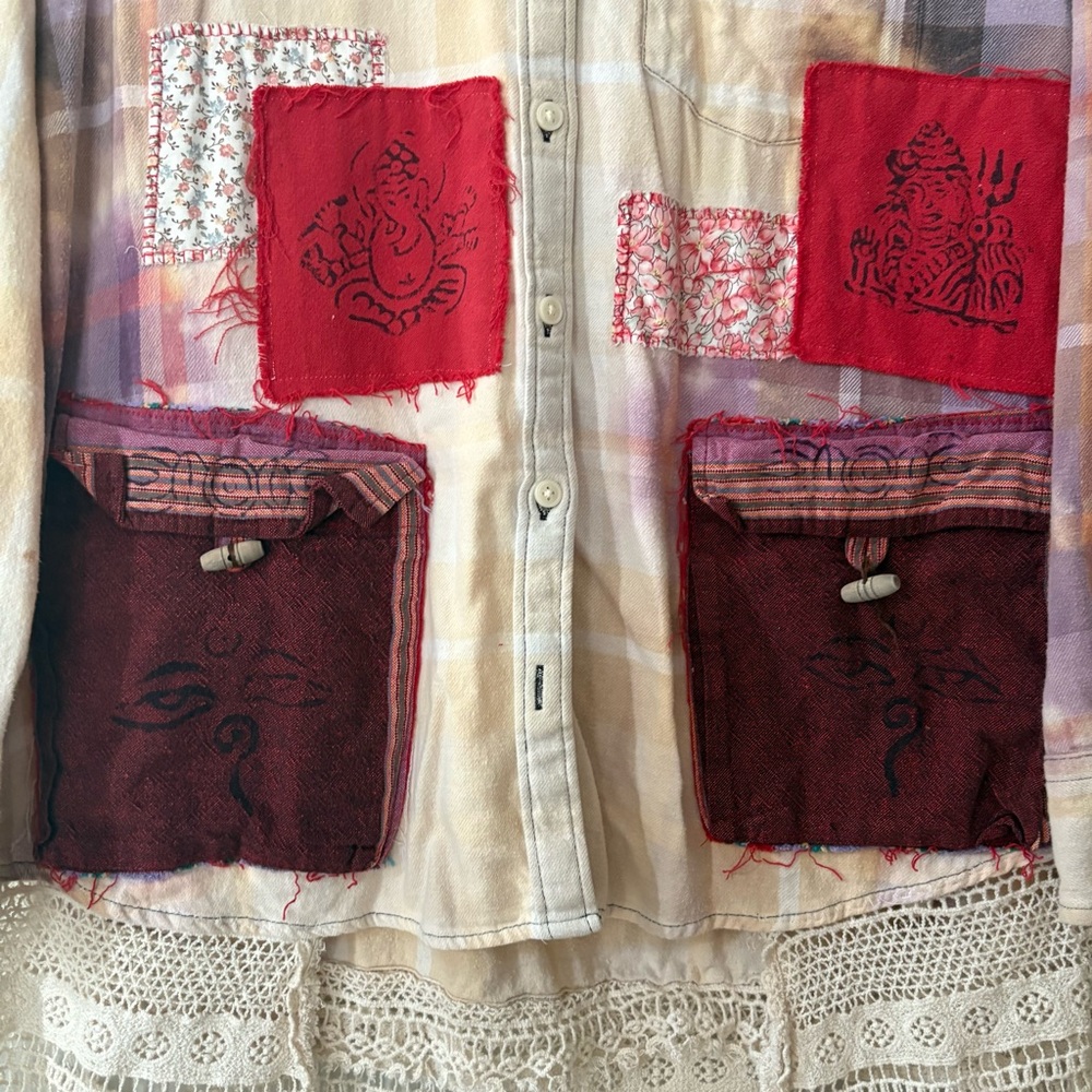 Grateful Dead Upcycled Bleach Distressed Flannel with Crochet Hem - Picture 6 of 15